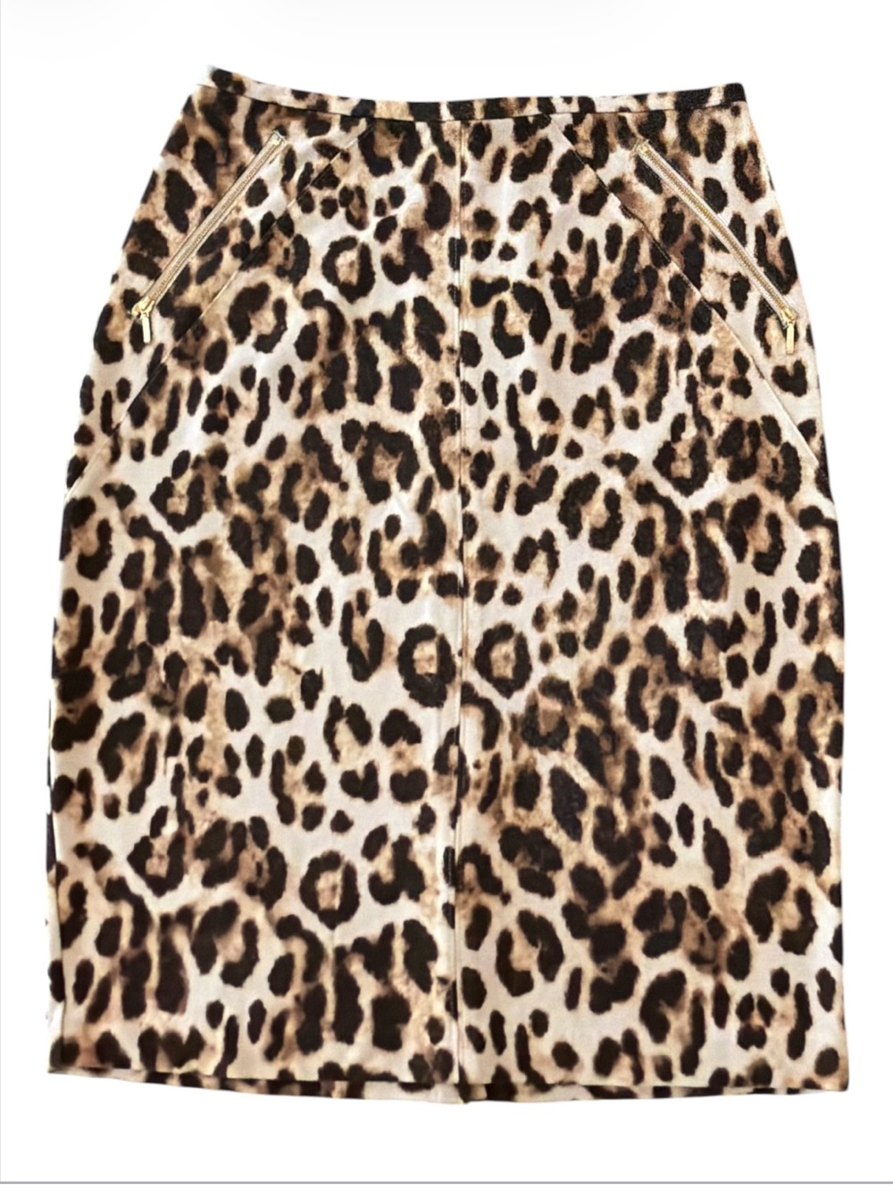 Chico’s Beige Brown Leopard Pencil Skirt Gold Side Zippers Size 0 Small 4/6